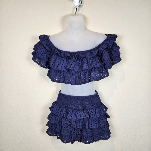 Supper Club Matching Set Shorts Crop Top Off Shoulder Eyelet Lace Ruffle Size S - Picture 2 of 16